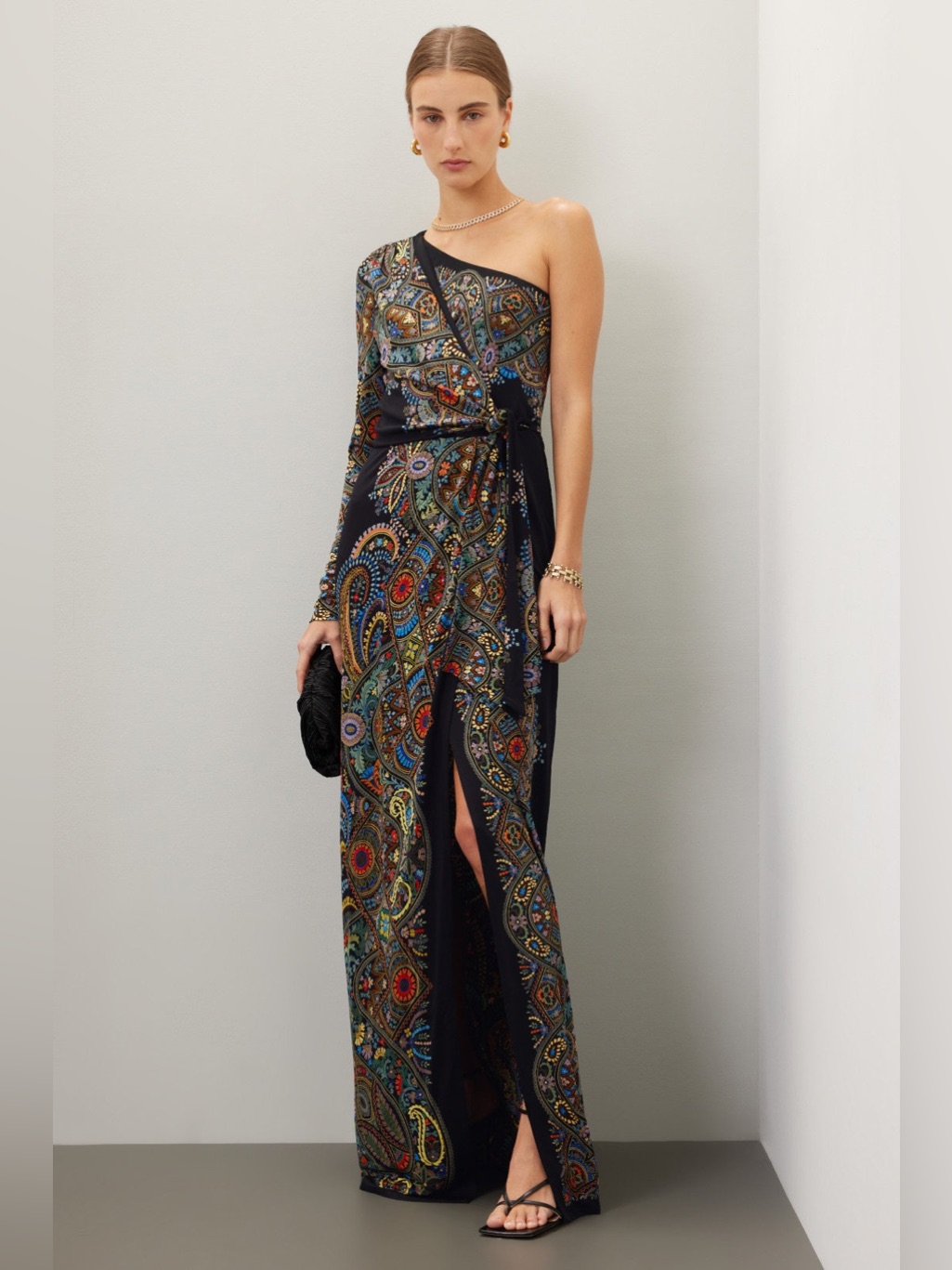 Etro Black One-Shoulder Maxi Dress With Multicolor Paisley Motif